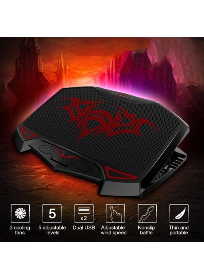 Gaming Laptop Cooling Pad Stand - 3 x Red Led Fans – 2 USB Ports - Support Notebook Size UP 15.6 Inch | Black - Image 3